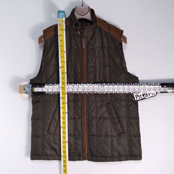 Alan Flusser Dark Khaki Micro-Suede Trim Full Zip Quilted Outerwear Vest L - Picture 11 of 13